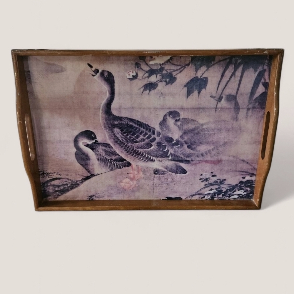 Vintage Asian Wood and Brass Serving Tray